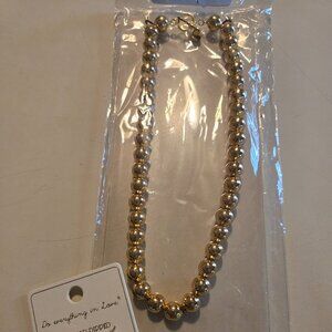 16" gold 10 mm bead necklace and beaded hoops to match, NWT